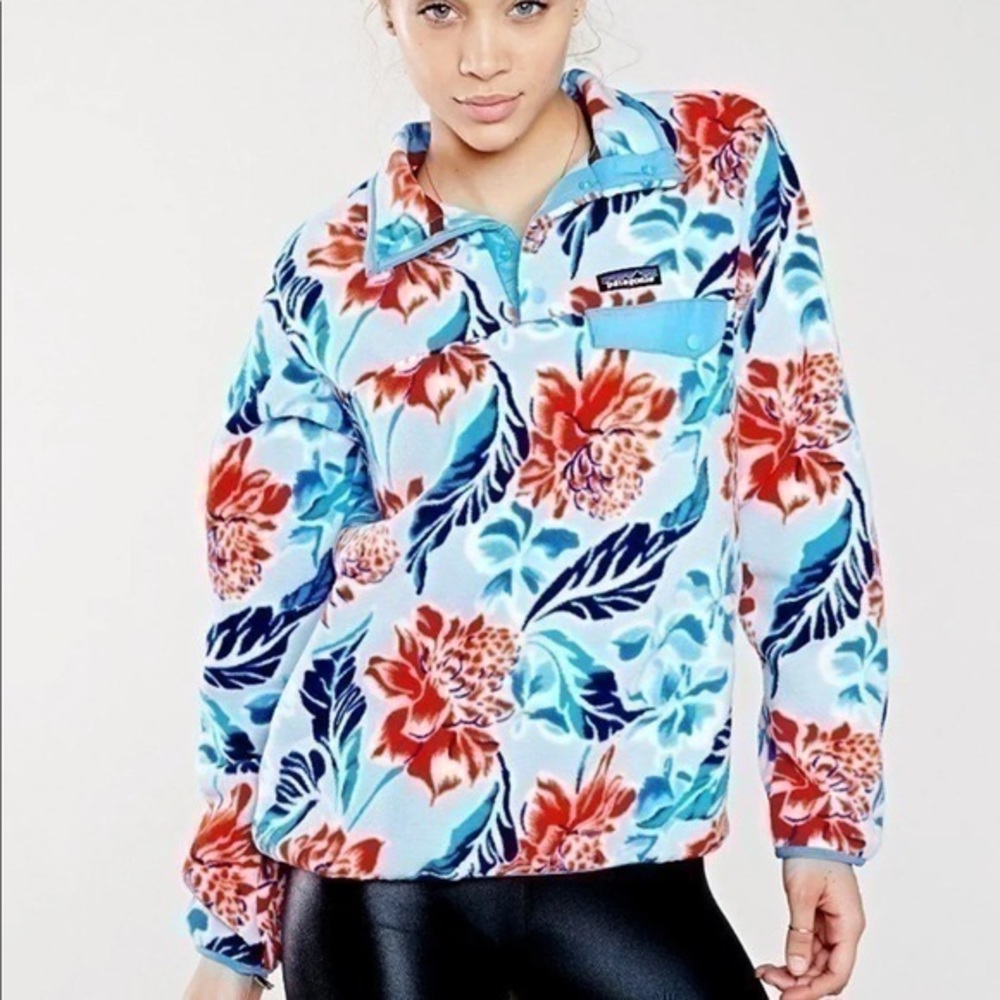 Patagonia Hawaiian Hibiscus Floral Synchilla Snap T Pullover Sweater Size Medium